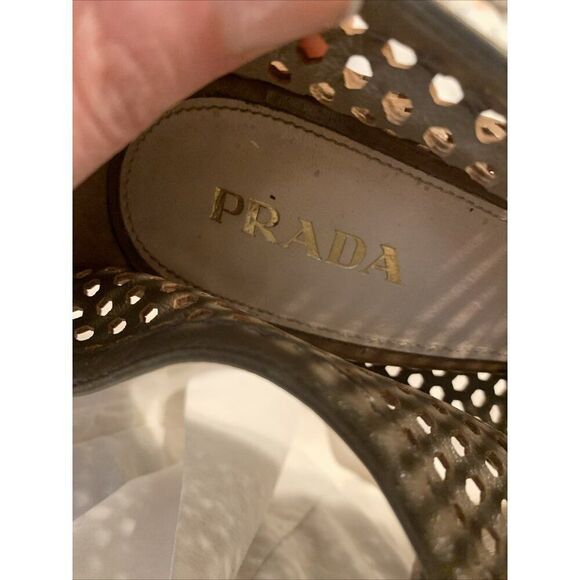 Prada Authentic Solid Brown Leather Lasercut Peep Toe Pumps Heels 9 - Picture 8 of 8